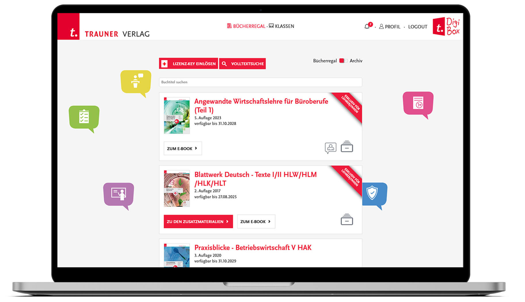 E-Books und Zusatzmaterialien übersichtlich im persönlichen Bücherregal E-Books und Zusatzmaterialien übersichtlich im persönlichen Bücherregal